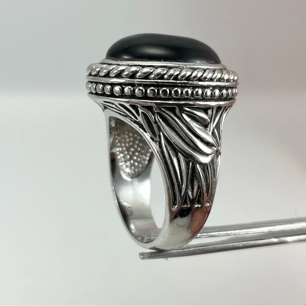 Stunning Oval Cut Faux Onyx Silver Tone Statement Ring Art Deco Sz 9